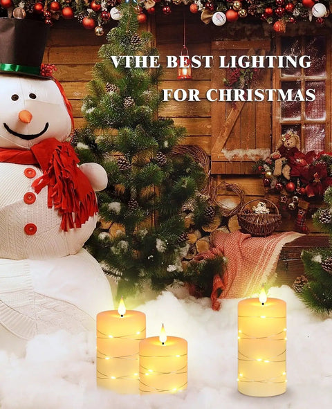 Ivory Real Wax Flameless Taper Candles Set Of 3 With Copper String Lights displayed in Christmas scene with snowman and tree