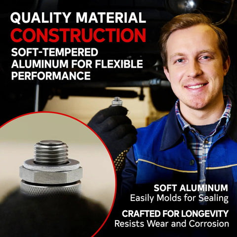 Made In USA M12 Oil Drain Plug Crush Washer Set, 20 Pack Aluminum Gasket Seals For Infiniti, Lexus, Nissan, Toyota And More, 12mm Crush Washers For Precise Oil Tight Seals And Durable Performance; close-up of aluminum drain plug washer