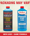 Product image showing two bottles of BlueDevil Hydraulic Stop Leak, 32 oz, for restoring dried and cracked seals and stopping leaks.