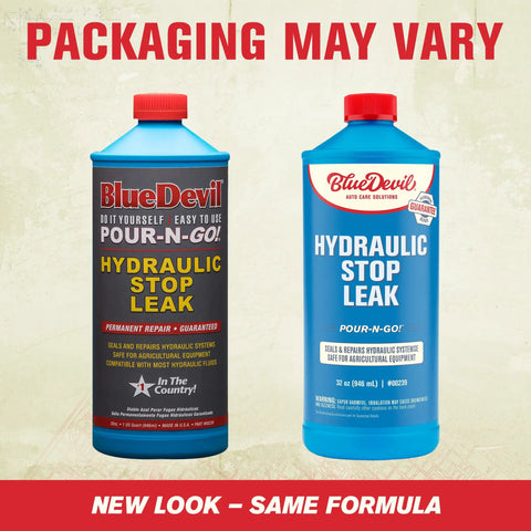Product image showing two bottles of BlueDevil Hydraulic Stop Leak, 32 oz, for restoring dried and cracked seals and stopping leaks.