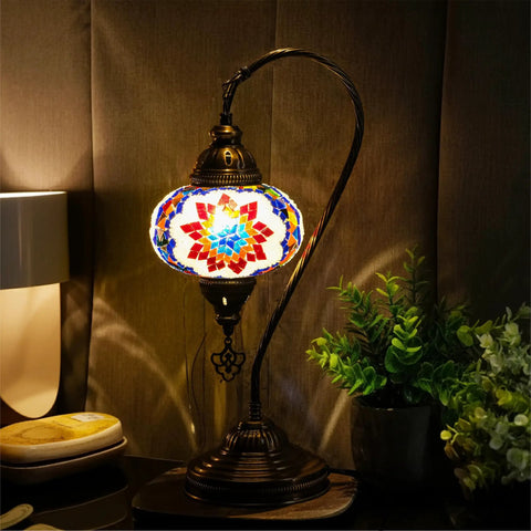 Turkish Mosaic Table Lamp With Built In LED Bulb Hand Cut Glass Mosaics Moroccan Gooseneck Design Tall 45 Cm Lit Accent Light For Living Room