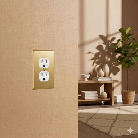 Brass Outlet Covers 5 Pack 1 Gang Real Brass Wall Plates For Duplex Receptacles Brushed Gold Finish in living room setting
