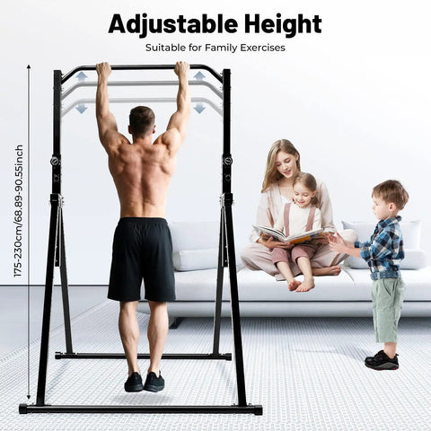 Man using Adjustable Pull Up Station Bar For Home Gym 5.7Ft-7.5Ft Height, Carbon Steel Frame, family in background
