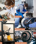 Image collage showing DIY electronics project, furniture repair, 3D printing, vehicle maintenance, equipment inspection.