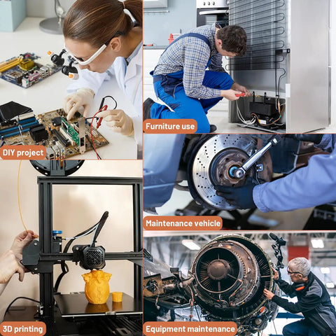 Image collage showing DIY electronics project, furniture repair, 3D printing, vehicle maintenance, equipment inspection.
