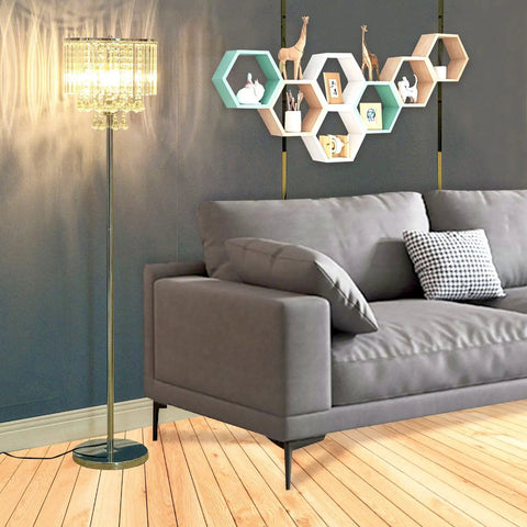 Modern Crystal Floor Lamp With Chrome Finish, 3 Glass Crystal Lights, On Off Foot Switch, Standing Reading Corner Light For Living Room, Office, Cafe, Den Or Bedroom, Glam Contemporary Glass Glow