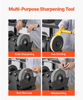 Multi-Purpose Sharpening Tool involved in knife sharpening, axe grinding, rust removal, and metalworking tasks.