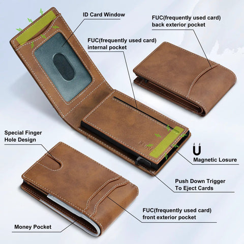 Open brown leather Slim Card Wallet For Men With RFID Blocking Minimalist Front Pocket Pop Up ID Window, displaying compartments.