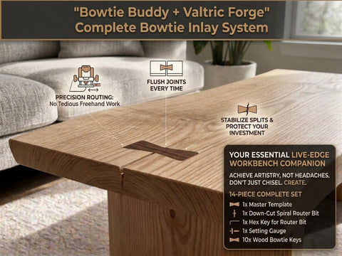 Woodworking Router Inlay Kit With Butterfly Joint System And Bow Tie Template, 14-piece set shown on wood table for stabilization.