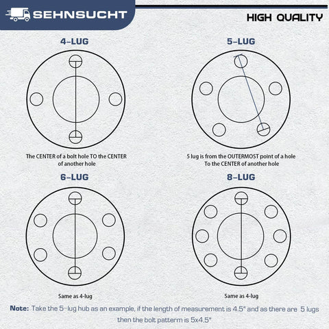 Trailer hub bolt-pattern diagram showing 4-, 5-, 6-, and 8-lug circle patterns with center-to-center measurements.