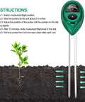 Three In One Soil Test Kit With Moisture Sunlight And PH Meter for indoor and outdoor gardens showing probe in soil with plant.