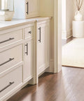 Matte Black Cabinet Pull 3 3 4 Inch Center To Center 5 7 8 Inch Overall Length installed on white kitchen cabinets