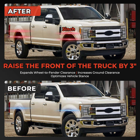 2017 Ford F250 truck after front leveling kit installation shows 3 inch lift for improved stance and clearance.