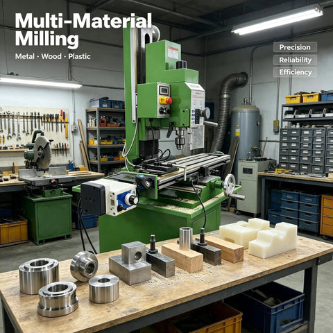 Techtongda 8x33 Inch Metal Milling Machine With 2HP Brushless Motor For 110V Power Featuring Precision 3-Axis Digital Readout System And Grating Ruler For Super Accurate Real-Time Position Monitoring In Any Workshop Environment Today, showcased in a workshop with various materials.