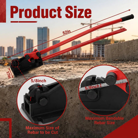Threlaco 2 In 1 Rebar Bender And Cutter Manual Metal Rod Bending Tool Effortlessly Cut And Bend Steel Rebar Up To 5/8 Inch Diameter Heavy Duty Construction Grade Bending Machine For DIY And Pro Jobs Red product size illustration with measurement details.
