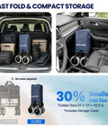 Beast Heavy Duty Beach Wagon with 9x4 All Terrain Sandproof Wheels, folded, compact, shown in car trunk and passenger seat, navy color.