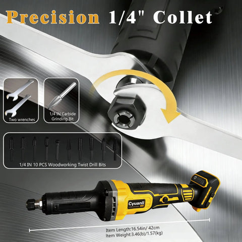 Cordless Die Grinder With 20V Battery Compatibility One Quarter Inch Precision Chuck Four Speed 26000 RPM Brushless Motor