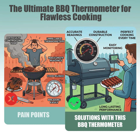 Comparison showing pain points of grilling vs solutions with Two Pack 1000F Grill Thermometers With Large Dial Easy Read Temperature Gauges.
