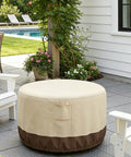 Round Fire Pit Cover Waterproof Built Tough All Weather Outdoor Heavy Duty Gas Fire Pit Table Cover With Air Vent And Handle 600D Oxford Fabric Protects From Sun Rain Snow Dust on patio.