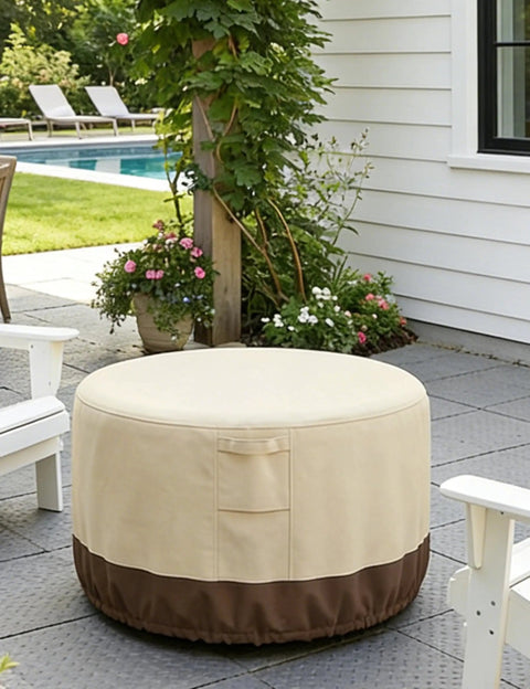 Round Fire Pit Cover Waterproof Built Tough All Weather Outdoor Heavy Duty Gas Fire Pit Table Cover With Air Vent And Handle 600D Oxford Fabric Protects From Sun Rain Snow Dust on patio.