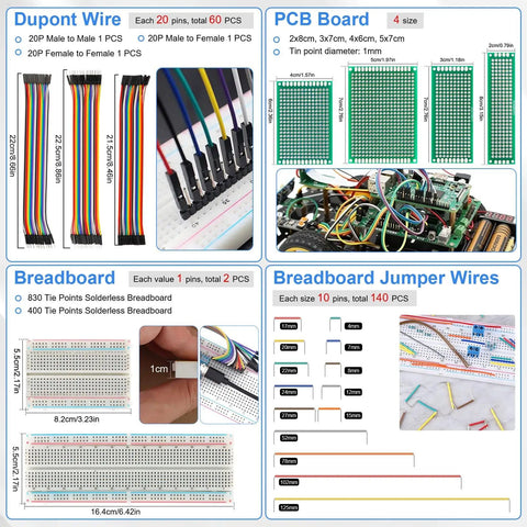 1780 Piece DIY Electronics Kit with breadboards, PCB boards, Dupont wires, resistors, capacitors, and more for hobbyists and students.