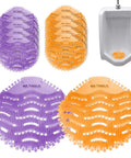 Urinal Screens Deodorizer Set Of 10 With Orange And Lavender Fresh Scents For High Traffic Bathrooms, shown in use and stacked