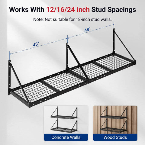 2x4 Ft Wall Mount Garage Storage Shelves 2 Pack Black Heavy Duty Steel Rack 330 Lb Per Shelf 660 Lb Total Load Triangular Brace Design For Stable Wall Organization Of Bins Tools Gear, works with 12/16/24 inch stud spacing