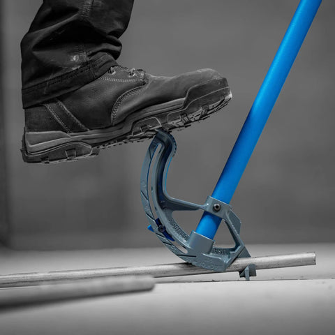 Heavy Duty 3/4 Inch Emt Guardian Bender With Handle Adjustable Angle Stopper in use, bending conduit pipe with foot pressure.