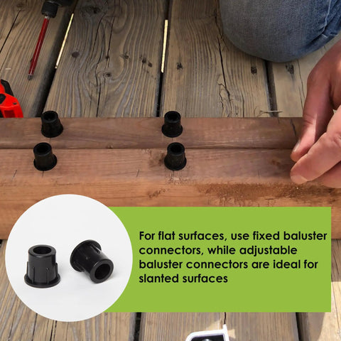 Baluster Connectors For 3/4 Inch Metal Balusters Black Polypropylene For Stairs And Decks Straight Railing Sections No Screws Included 500 Count Built To Last Durable UV Protected Plastic installation on wooden deck
