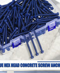 Heavy Duty Blue Hex Head Concrete Screw Anchors PTFE Coated Carbon Steel 1/4 In X 2-3/4 In 200 Pc Bulk Pack in clear container.