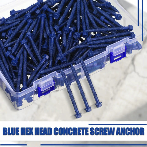 Heavy Duty Blue Hex Head Concrete Screw Anchors PTFE Coated Carbon Steel 1/4 In X 2-3/4 In 200 Pc Bulk Pack in clear container.