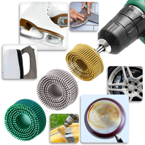 12 Piece 2 Inch Abrasive Bristle Disc Go-To Set For Drill with yellow, white, and green discs for metal, rust, and paint prep