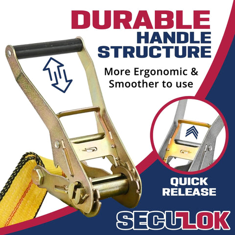 Heavy Duty 2 Inch Ratchet Tie Down Straps With Double J Hooks 27 Foot 3,333 Lbs Working Load Limit 10,000 Lbs Break Strength featuring ergonomic handle and quick release mechanism