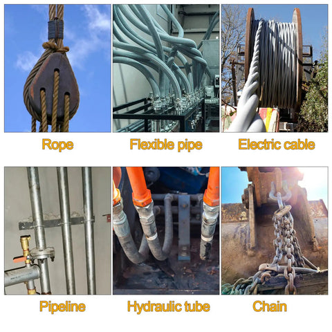 Collage of industrial materials: rope, flexible pipe, electric cable, pipeline, hydraulic tube, and chain.