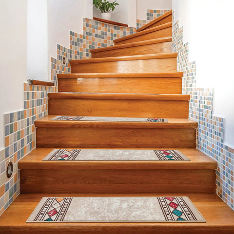 Wooden stairs with Non Slip Stair Treads Peel And Stick Rugs Set Of 13 With Modern Border 8X30 Inches Gray Easy Install No Residue Safe