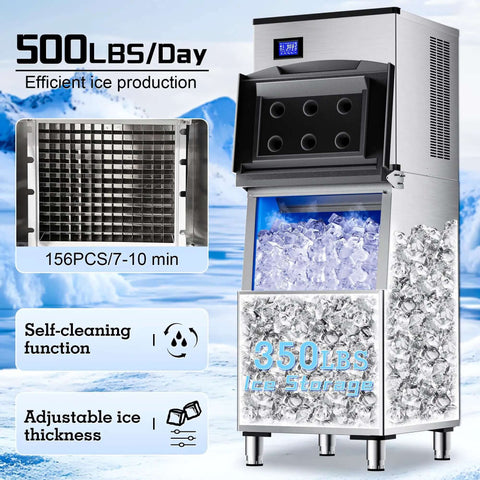Commercial Ice Maker Machine 500 Lbs Per Day With 350 Lb Storage Bin Stainless Steel Workhorse Ice Machine 156 Ice Cubes Per Cycle