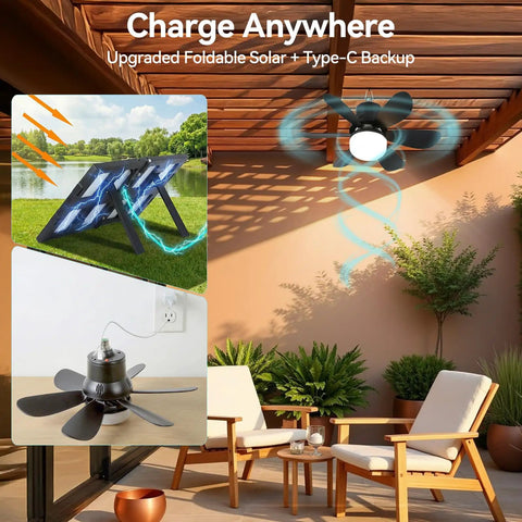 Portable Solar Ceiling Fan With Lights For Outdoor Use Off Grid Ready, 18.5 Inch Blade, Foldable Solar Panel setup in patio
