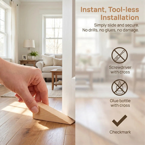 Hand installing a 20Pcs Wooden Door Stop Wedges Set, Triangle Shaped Door Stoppers For Home And Office on wooden floor
