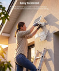 Onforu 36W Solar LED Security Lights, PIR Motion Sensor Outdoor installation on a wall with a woman using a ladder.
