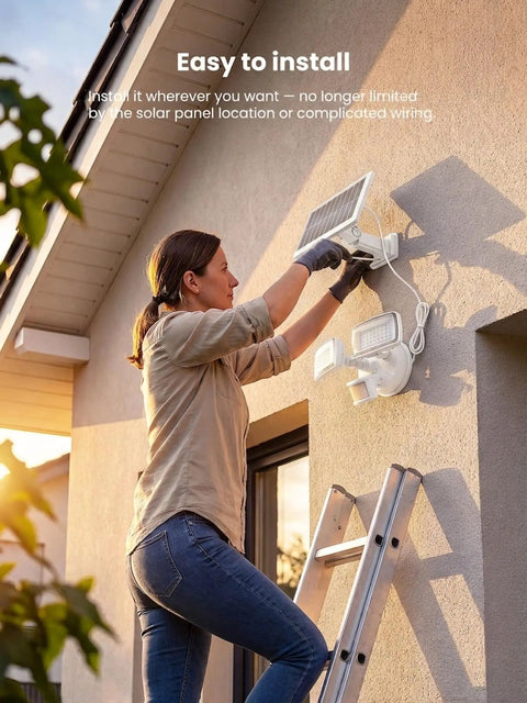 Onforu 36W Solar LED Security Lights, PIR Motion Sensor Outdoor installation on a wall with a woman using a ladder.