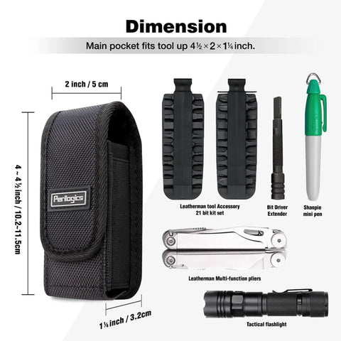 Magnetic Tool Sheath For Leatherman Fits Wave Plus Wingman Charge Surge Super Tool 300 Signal Free P2 P4 4 To 4 And A Half Inch Nylon Belt Pouch Black With Silent Magnetic Closure For Quick One Hand Access And Secure EDC Carry shown with accessories.