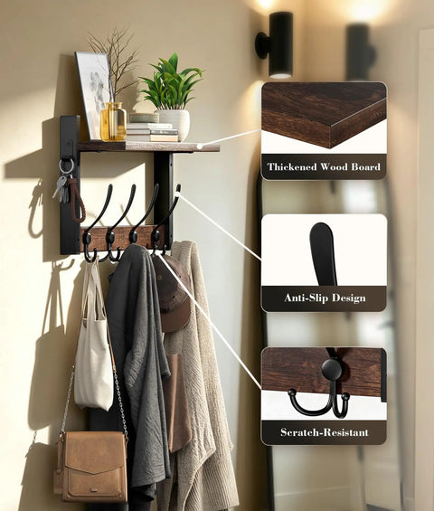 Top Notch Wall Mount Wood Coat Rack Sweet Space Saving Shelf Display Hook System features heavy-duty design with multiple hooks.