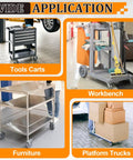 Collage showing applications of 2-Pack 4 Inch Push Cart Wheels Heavy Duty Rubber Plate Casters on furniture and carts