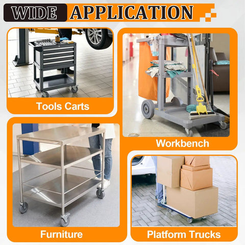 Collage showing applications of 2-Pack 4 Inch Push Cart Wheels Heavy Duty Rubber Plate Casters on furniture and carts