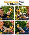 Electric Pruning Shears Punch Through Tough Stems With Zero Sweat Using Rock Solid 1.8 Inch Cut Capacity Cordless Plant Clippers for stress-free yard work, shown in use for branch, orchard, garden, and shrub pruning.