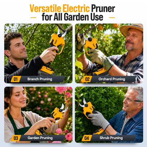 Electric Pruning Shears Punch Through Tough Stems With Zero Sweat Using Rock Solid 1.8 Inch Cut Capacity Cordless Plant Clippers for stress-free yard work, shown in use for branch, orchard, garden, and shrub pruning.