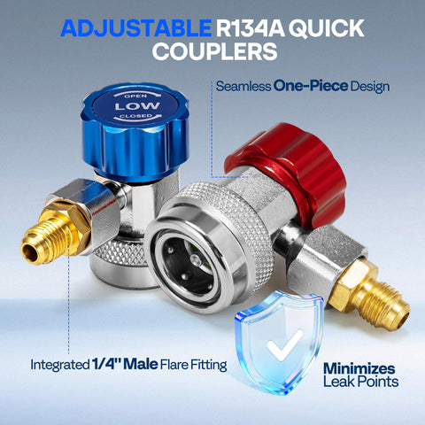 Close-up of 1/4 inch male flare fitting on AC R134a Quick Connect Adapter Kit With R134a And R410a Adapters Can Tap Tank Connector