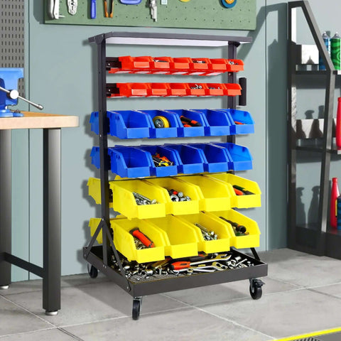 Six Tier Rolling Bin Storage Rack With Sixty Color Coded Bins On Smooth Wheels Dual Sided Parts Organizer With Top Tray