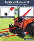 Close-up of a tractor with 49 Inch Beefy Heavy Duty Hay Spear Bale Spike With 4500 Pounds Capacity and Tapered Tip attached.