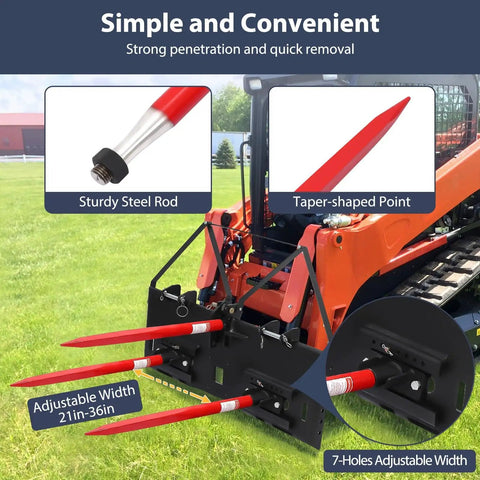 Close-up of a tractor with 49 Inch Beefy Heavy Duty Hay Spear Bale Spike With 4500 Pounds Capacity and Tapered Tip attached.